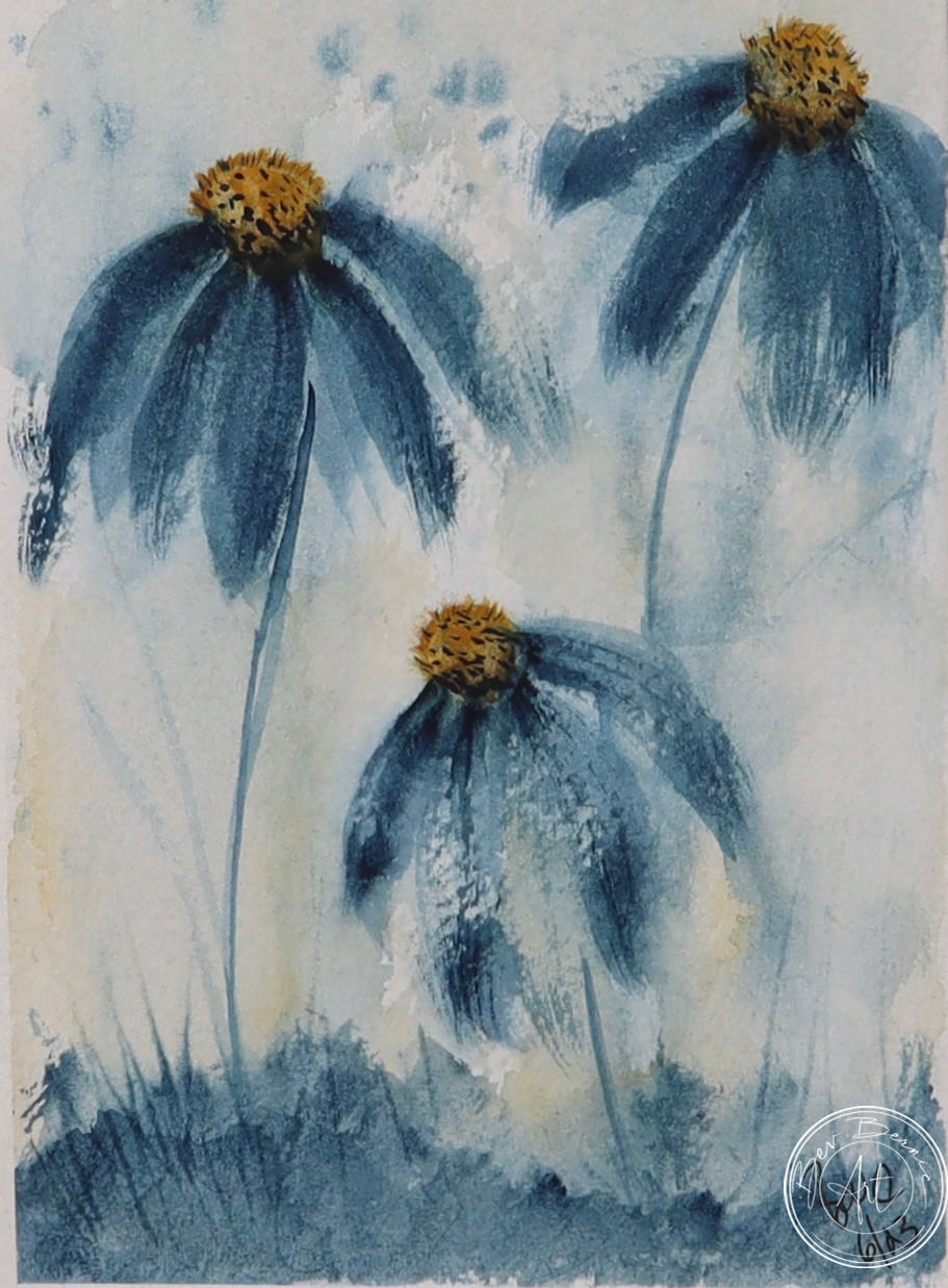 Painting of three blue daisy-like flowers with yellow centres and long stems, rising from a patch of blue-green grass against a light blue and white background.