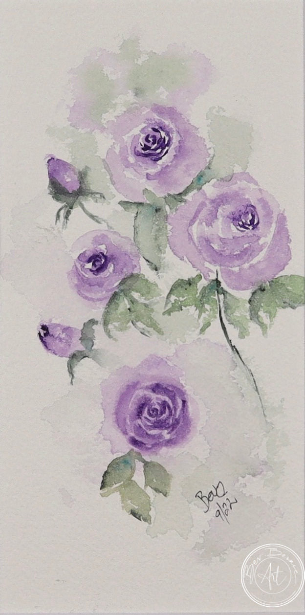 Watercolour painting of a cluster of purple roses with green leaves and a single closed bud, set against a soft, hazy grey-purple background.