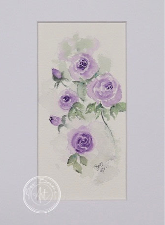 Watercolour painting of a cluster of purple roses with green leaves and a single closed bud, set against a soft, hazy grey-purple background.