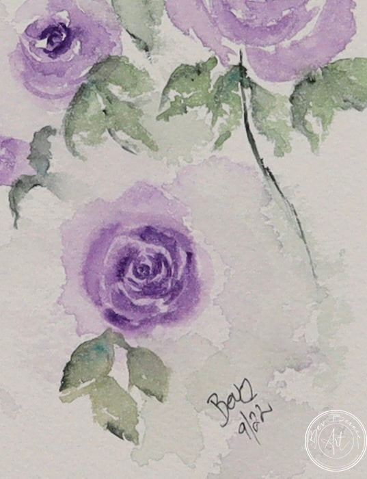 Watercolour painting of a cluster of purple roses with green leaves and a single closed bud, set against a soft, hazy grey-purple background.
