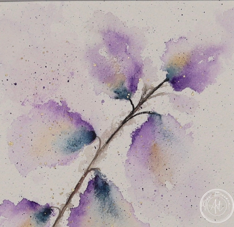Watercolour painting of a delicate stem with five purple leaves, tinged with yellow and green, against a pale purple background with subtle splatters.