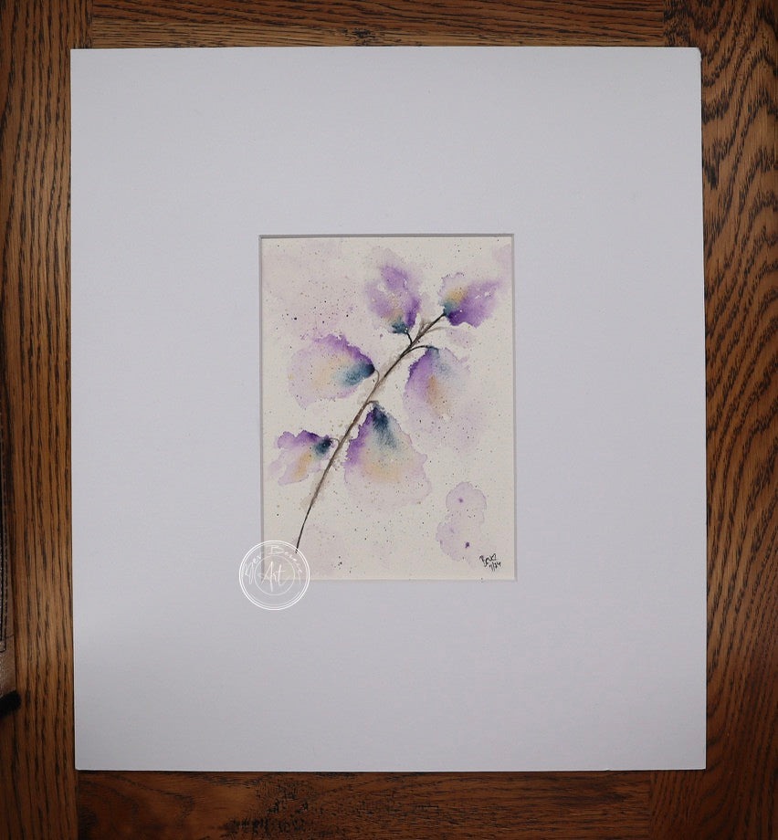 Watercolour painting of a delicate stem with five purple leaves, tinged with yellow and green, against a pale purple background with subtle splatters.