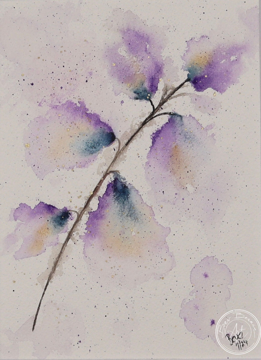 Watercolour painting of a delicate stem with five purple leaves, tinged with yellow and green, against a pale purple background with subtle splatters.