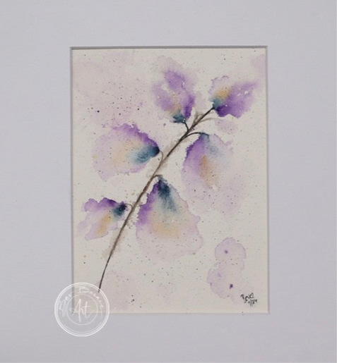 Watercolour painting of a delicate stem with five purple leaves, tinged with yellow and green, against a pale purple background with subtle splatters.