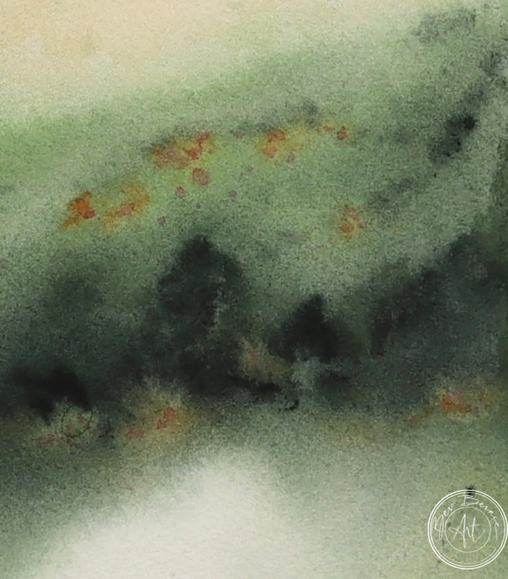 Watercolour painting of a hazy green landscape with rolling hills, a faint yellow sky, and touches of orange in the foliage.