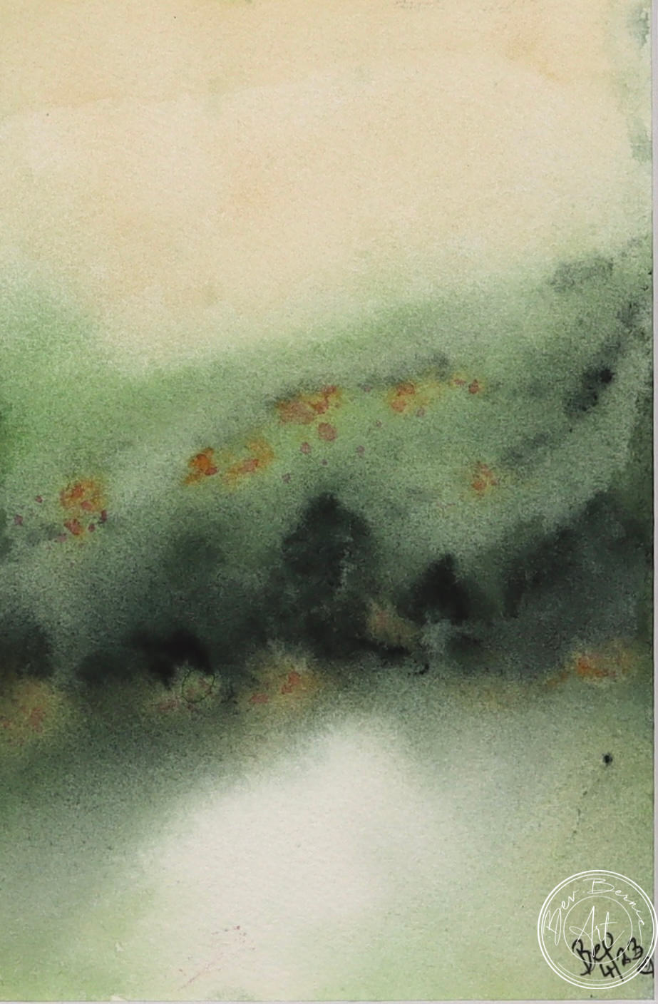 Watercolour painting of a hazy green landscape with rolling hills, a faint yellow sky, and touches of orange in the foliage.