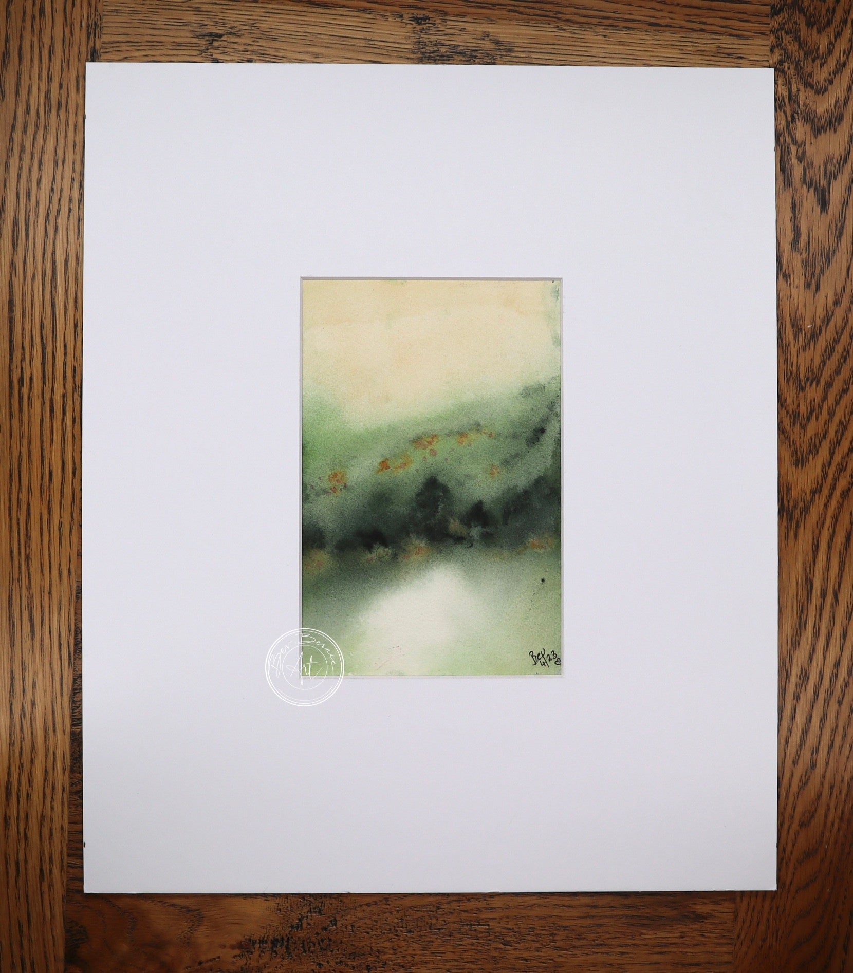 Watercolour painting of a hazy green landscape with rolling hills, a faint yellow sky, and touches of orange in the foliage.