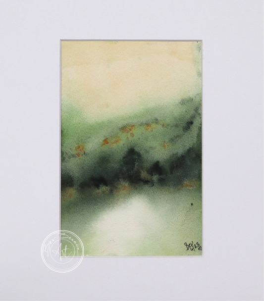 Watercolour painting of a hazy green landscape with rolling hills, a faint yellow sky, and touches of orange in the foliage.