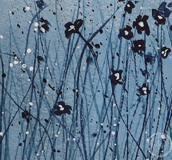 Painting of a field of small, dark blue flowers on slender stems scattered across a blue-grey background, with touches of white.