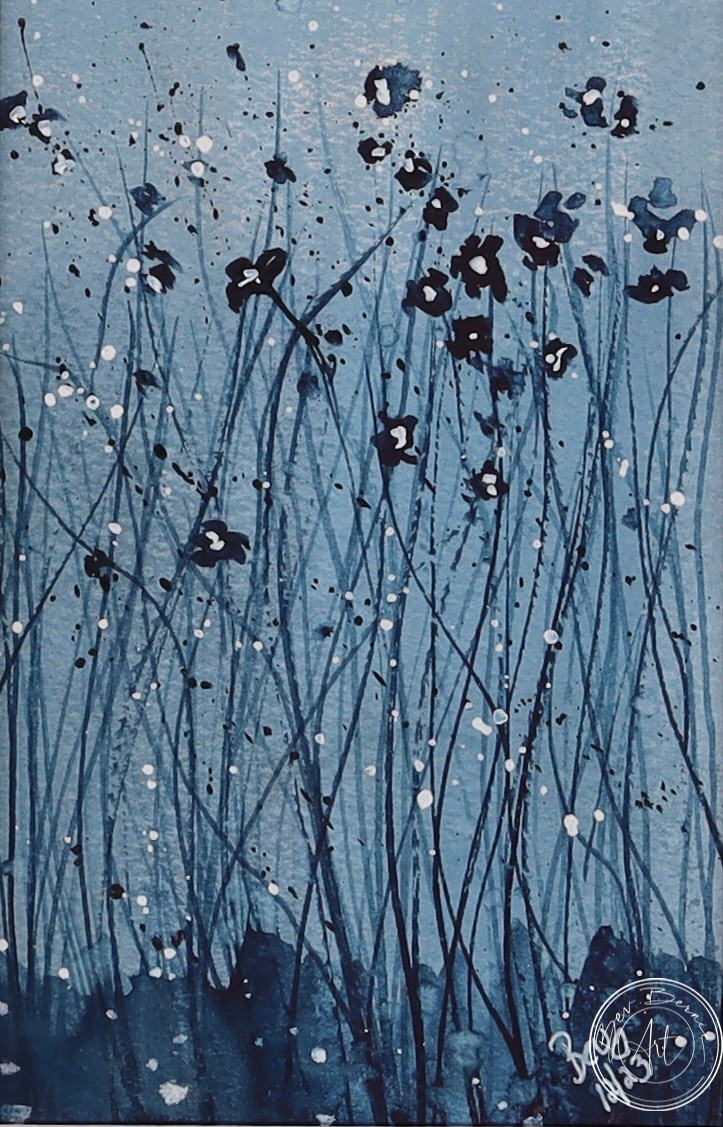 Painting of a field of small, dark blue flowers on slender stems scattered across a blue-grey background, with touches of white.