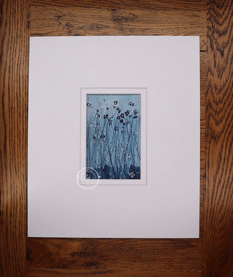 Painting of a field of small, dark blue flowers on slender stems scattered across a blue-grey background, with touches of white.