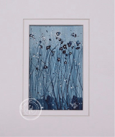 Painting of a field of small, dark blue flowers on slender stems scattered across a blue-grey background, with touches of white.
