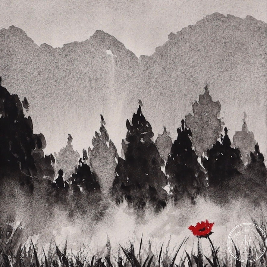 Monochromatic painting of a misty landscape with a line of dark trees, a single red poppy in the foreground, and hazy mountains in the distance.