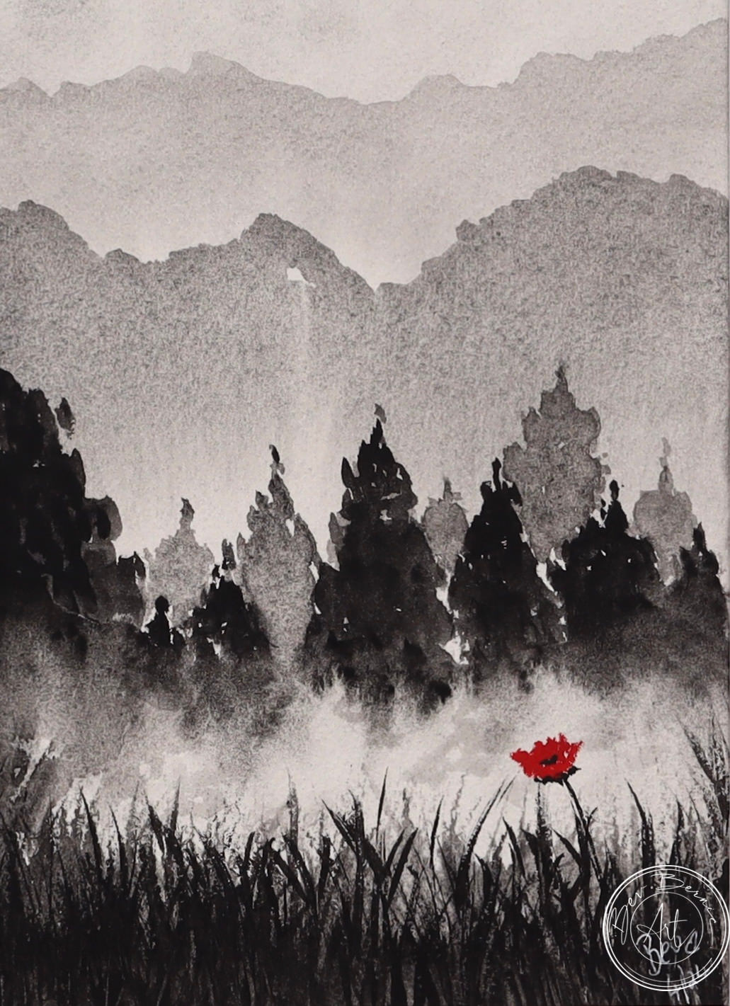 Monochromatic painting of a misty landscape with a line of dark trees, a single red poppy in the foreground, and hazy mountains in the distance.