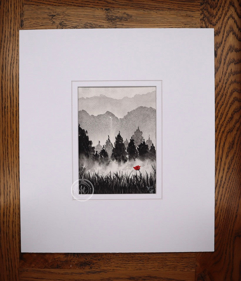 Monochromatic painting of a misty landscape with a line of dark trees, a single red poppy in the foreground, and hazy mountains in the distance.