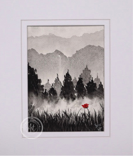 Monochromatic painting of a misty landscape with a line of dark trees, a single red poppy in the foreground, and hazy mountains in the distance.