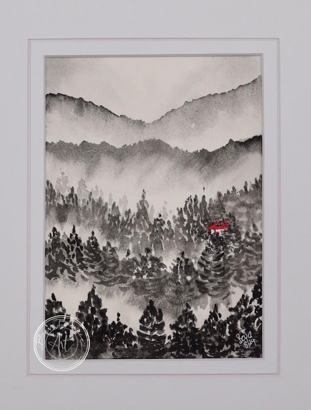 Monochromatic painting of a misty mountain landscape with a dense forest and a small red house nestled amongst the trees.