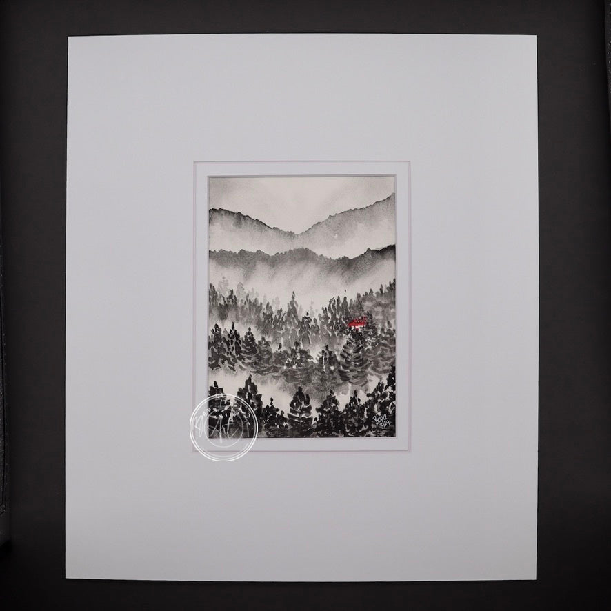 Monochromatic painting of a misty mountain landscape with a dense forest and a small red house nestled amongst the trees.