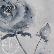 Monochromatic painting of a single pale blue rose with a closed bud and leaves, set against a textured grey background.