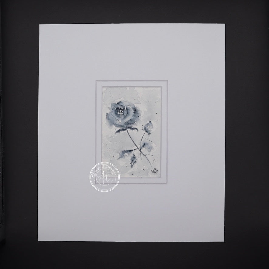 Monochromatic painting of a single pale blue rose with a closed bud and leaves, set against a textured grey background.