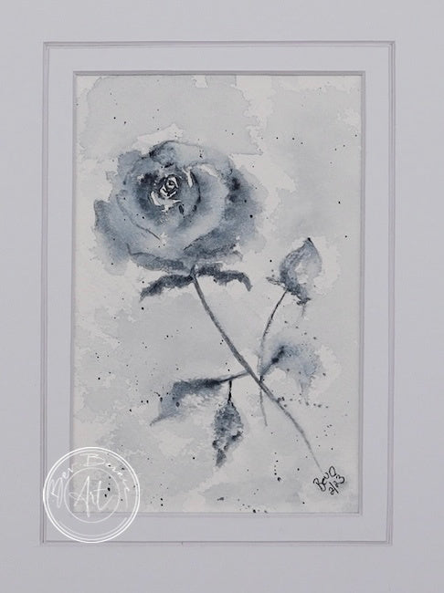 Monochromatic painting of a single pale blue rose with a closed bud and leaves, set against a textured grey background.