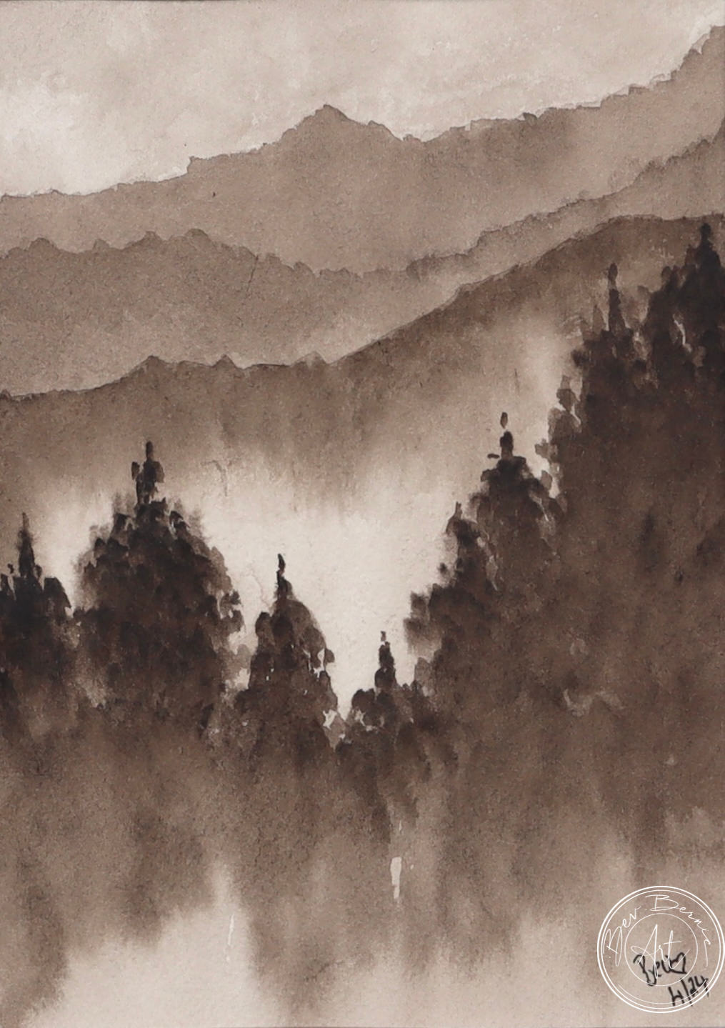 Monochromatic painting of a misty mountain landscape with a dense forest in shades of brown and grey.