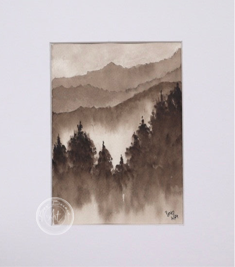 Monochromatic painting of a misty mountain landscape with a dense forest in shades of brown and grey.