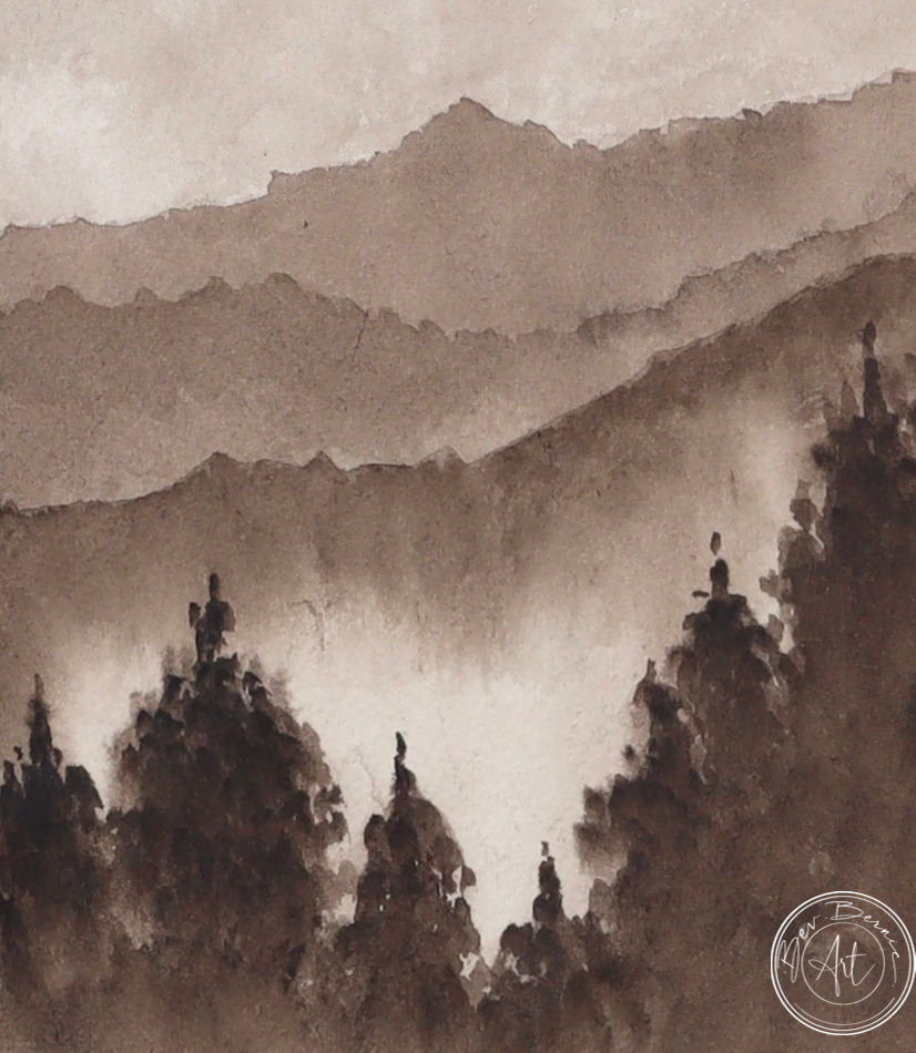 Monochromatic painting of a misty mountain landscape with a dense forest in shades of brown and grey.