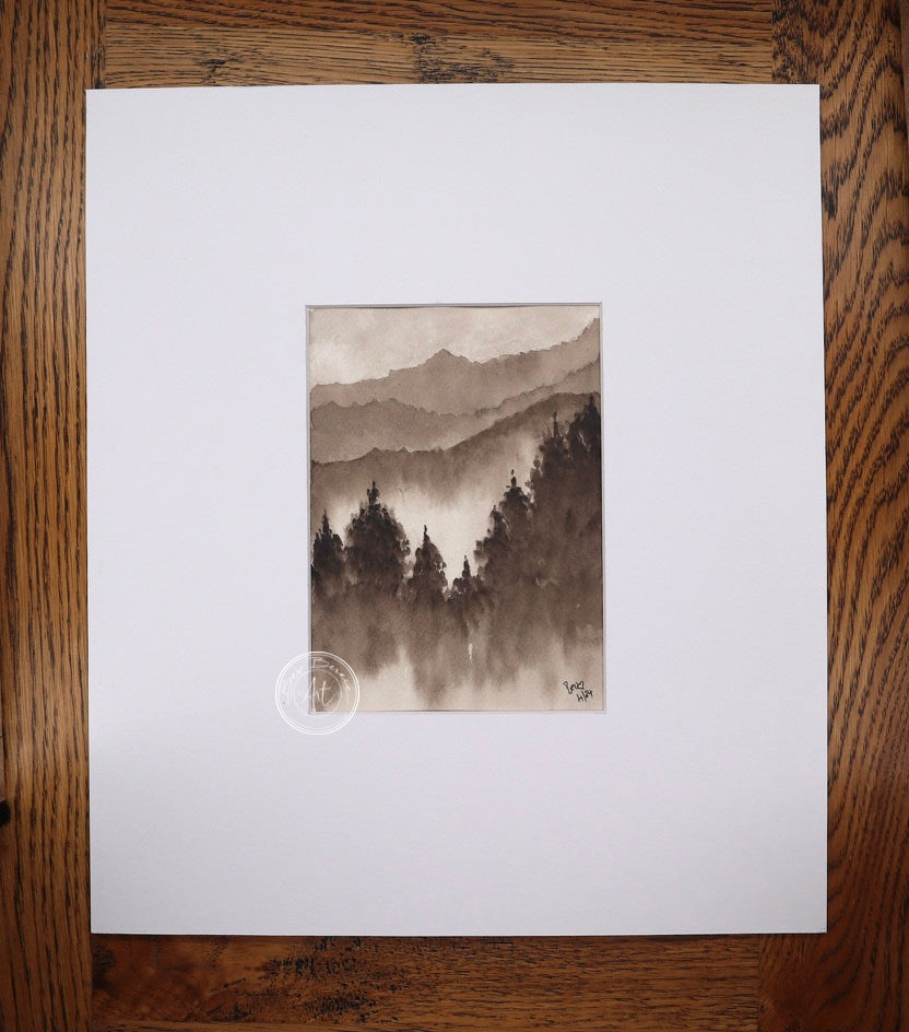 Monochromatic painting of a misty mountain landscape with a dense forest in shades of brown and grey.