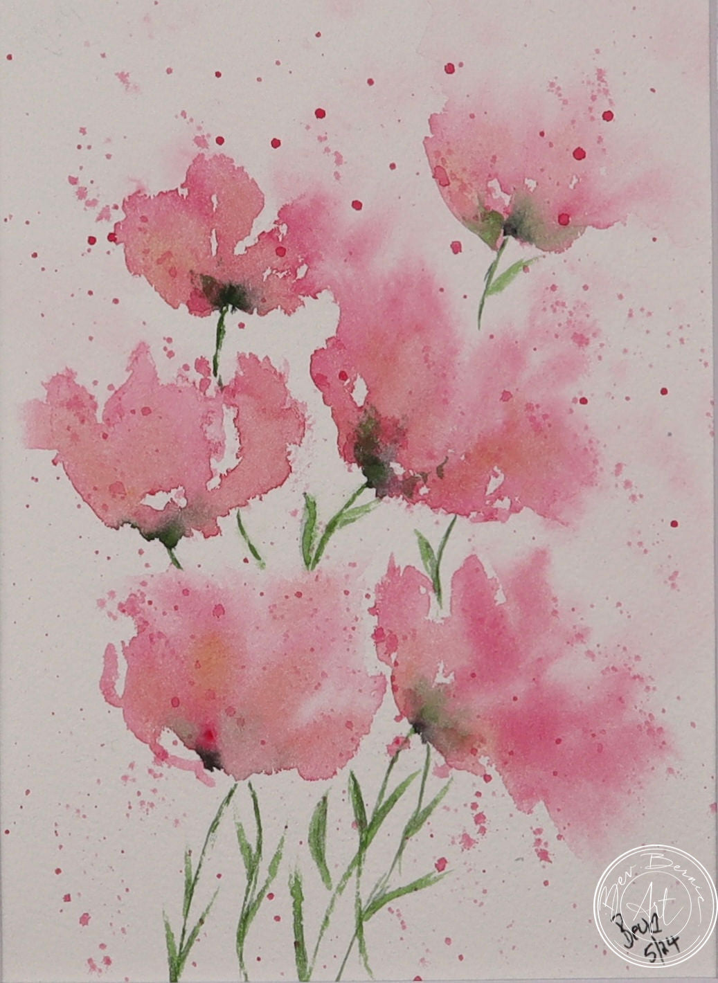 Watercolour painting of five pink poppies with delicate green stems, splattered with pink paint on a white background.