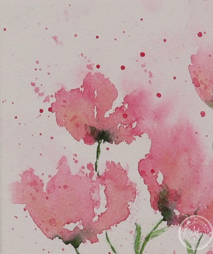 Watercolour painting of five pink poppies with delicate green stems, splattered with pink paint on a white background.