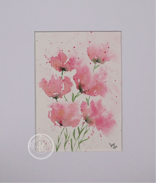 Watercolour painting of five pink poppies with delicate green stems, splattered with pink paint on a white background.