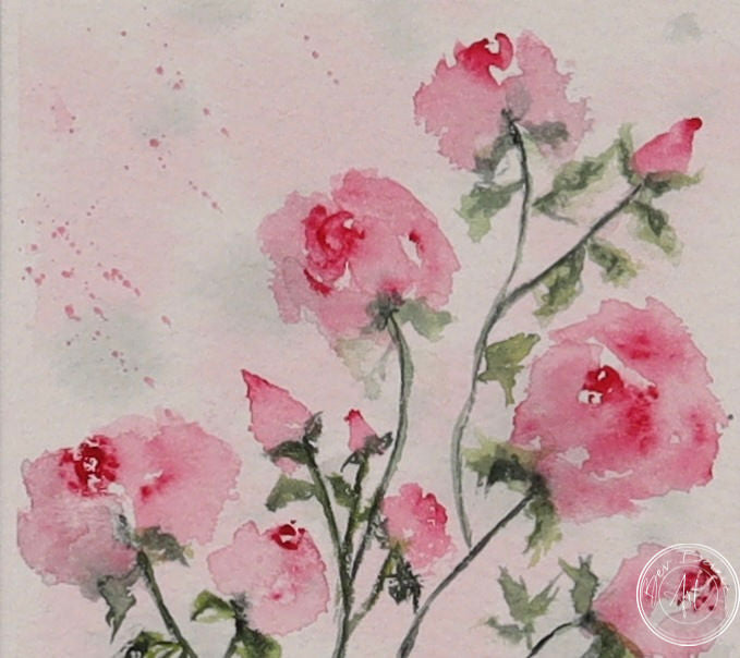Watercolour painting of a delicate stem with multiple small pink blossoms and green leaves, set against a soft pink and white background with subtle splatters.