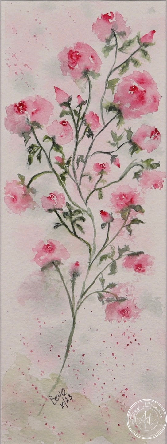 Watercolour painting of a delicate stem with multiple small pink blossoms and green leaves, set against a soft pink and white background with subtle splatters.