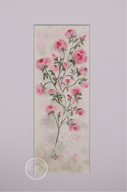 Watercolour painting of a delicate stem with multiple small pink blossoms and green leaves, set against a soft pink and white background with subtle splatters.