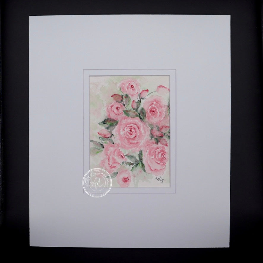 Watercolour painting of a bouquet of pink roses in full bloom, with green leaves and buds, against a pale green and white background.