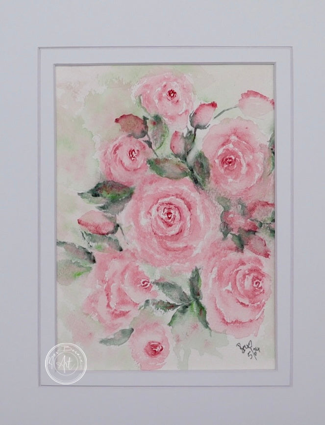 Watercolour painting of a bouquet of pink roses in full bloom, with green leaves and buds, against a pale green and white background.
