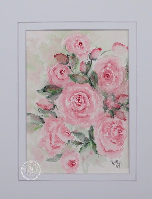 Watercolour painting of a bouquet of pink roses in full bloom, with green leaves and buds, against a pale green and white background.