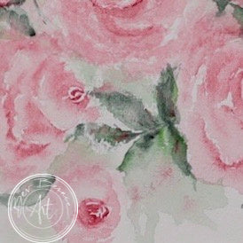 Watercolour painting of a bouquet of pink roses in full bloom, with green leaves and buds, against a pale green and white background.