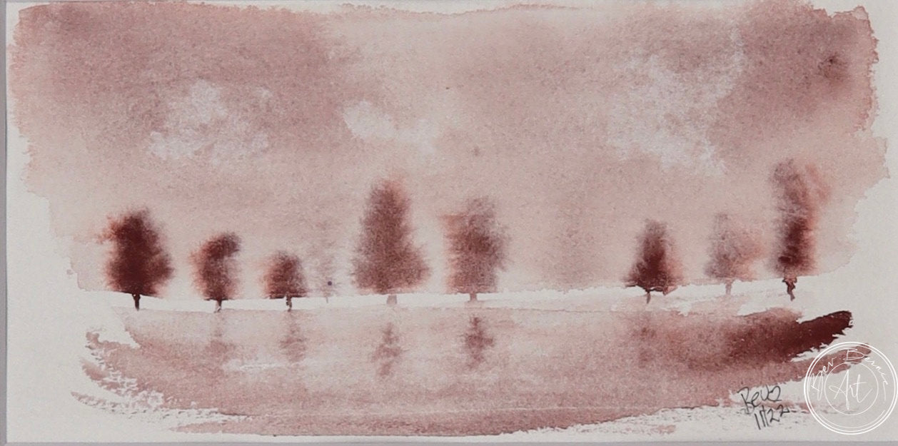 Watercolour painting of a row of reddish-brown trees reflected in still water, with a hazy pink sky above.