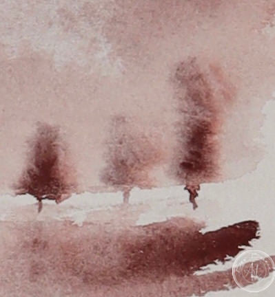 Watercolour painting of a row of reddish-brown trees reflected in still water, with a hazy pink sky above.