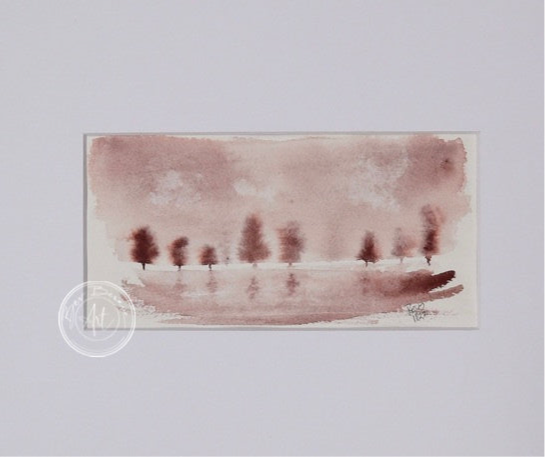 Watercolour painting of a row of reddish-brown trees reflected in still water, with a hazy pink sky above.