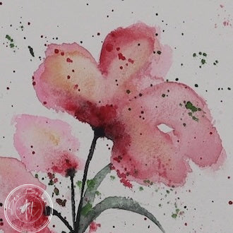 Watercolour painting of three pink flowers with long, thin stems and splatters of pink and green paint on a white background.