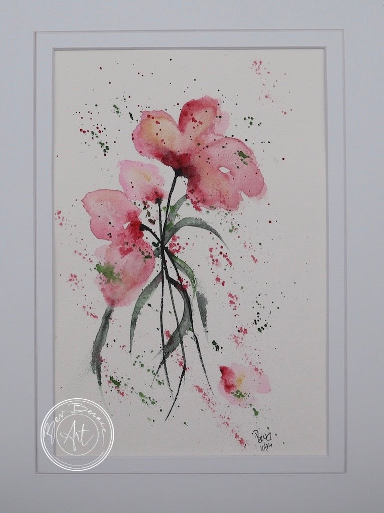 Watercolour painting of three pink flowers with long, thin stems and splatters of pink and green paint on a white background.