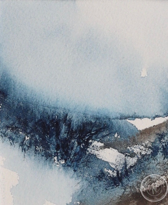 Watercolour painting of a misty landscape with rolling hills, blue skies, and a hazy horizon.