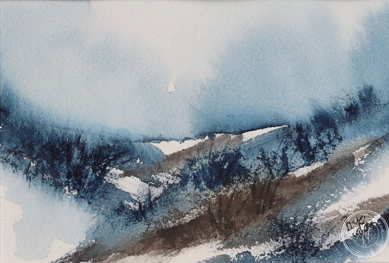 Watercolour painting of a misty landscape with rolling hills, blue skies, and a hazy horizon.