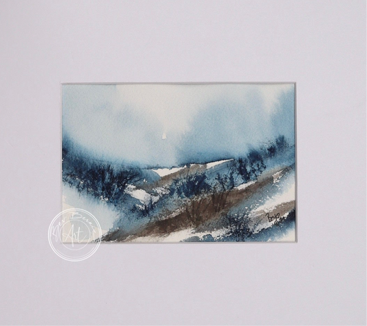 Watercolour painting of a misty landscape with rolling hills, blue skies, and a hazy horizon.