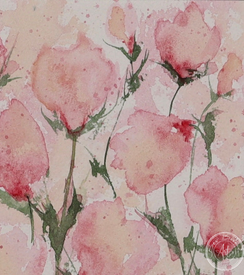 Watercolour painting of several pink flowers with delicate green stems against a pale pink and white