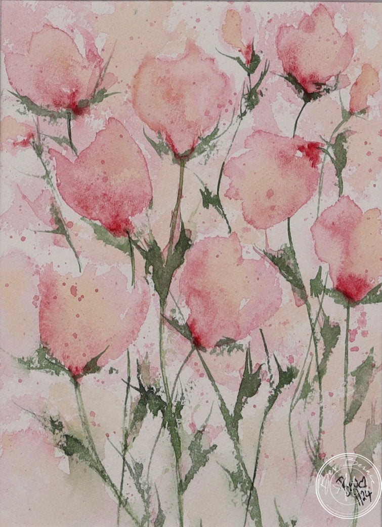 Watercolour painting of several pink flowers with delicate green stems against a pale pink and white