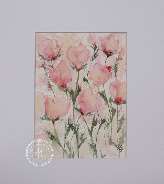 Watercolour painting of several pink flowers with delicate green stems against a pale pink and white background.